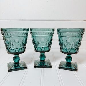 Vintage Indiana Glass Teal Blue Water Goblets Drinking Glasses | Set of 3